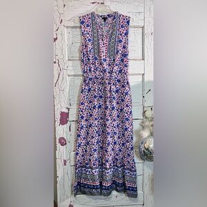 Talbots Blue and Pink Floral Maxi Dress Tie Elastic Waist + Side Zip EyeHook 12